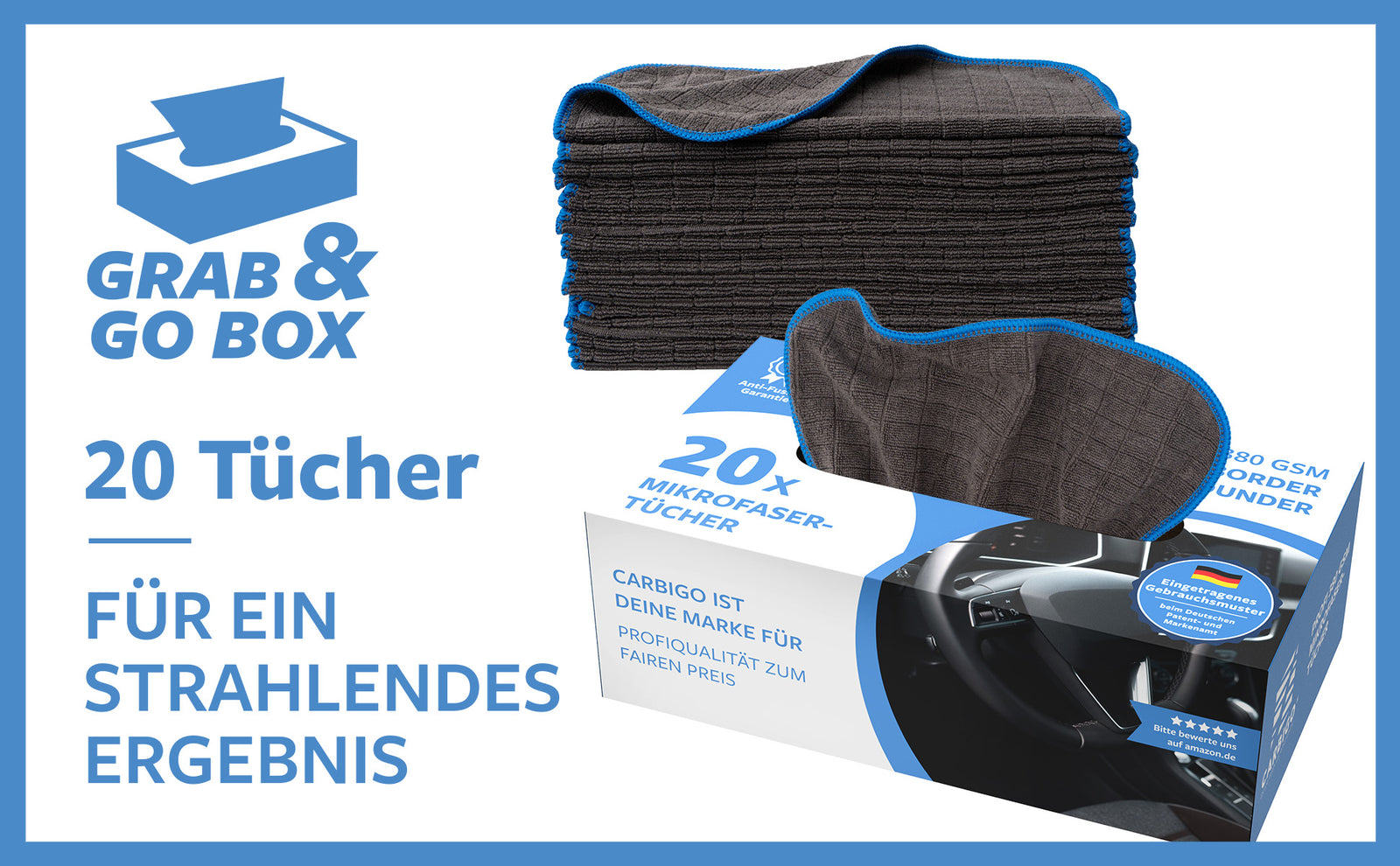 Carbigo® grab und go box mit 20 Tüchern! Fur ein strahlendes ergebnis!