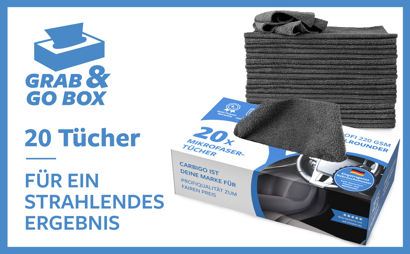 Carbigo® Grab and Go Paket mit 20 Tüchern für strahlende Ergebnisse.