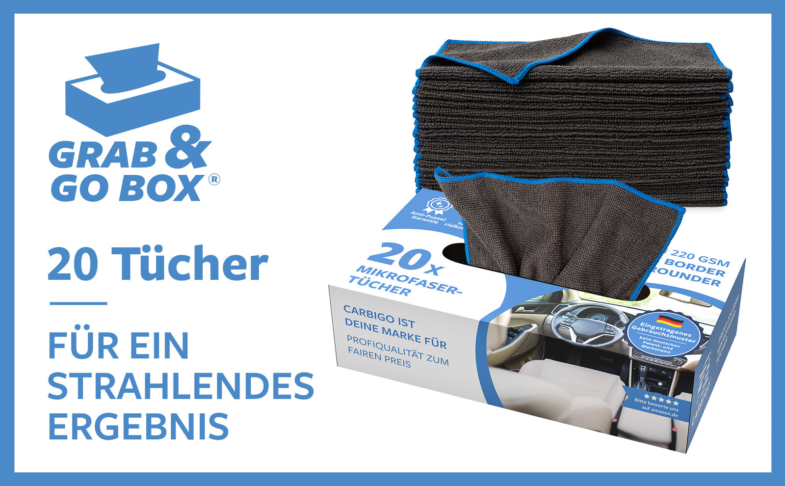 Carbigo® Grab and Go Paket mit 20 Tüchern für strahlende Ergebnisse.