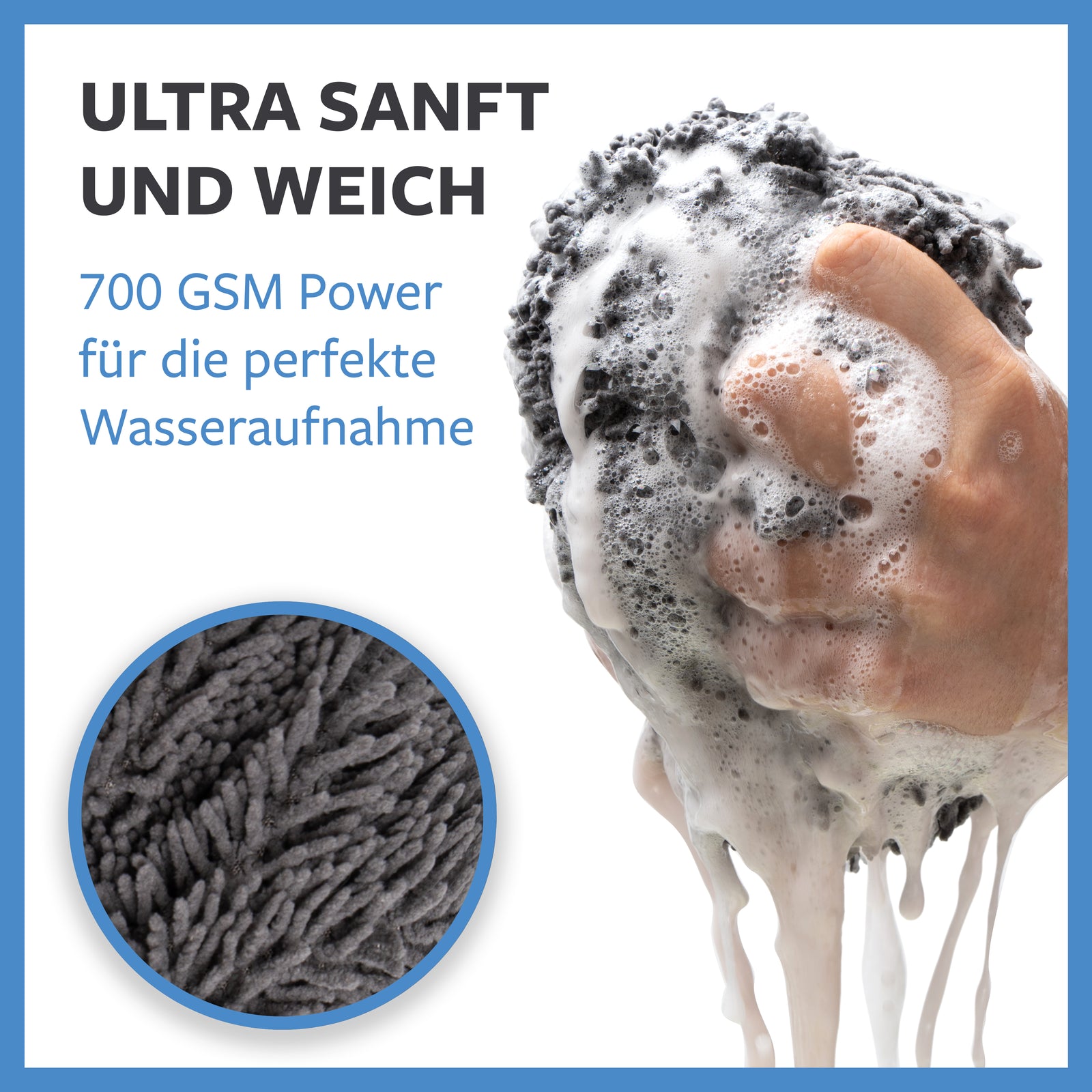 Detailansicht des Mikrofaser-Bürstenüberzugs, angereichert mit Schaum und einer beeindruckenden Dichte von 700 GSM, ideal für effektive Autowäsche.