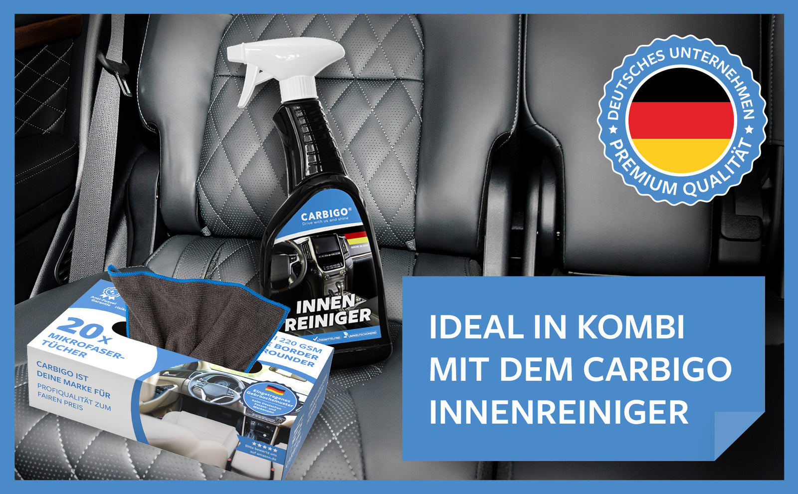 Die Carbigo® Packung mit 20 Tüchern ist perfekt in Kombination mit einem Innenraumspray.
