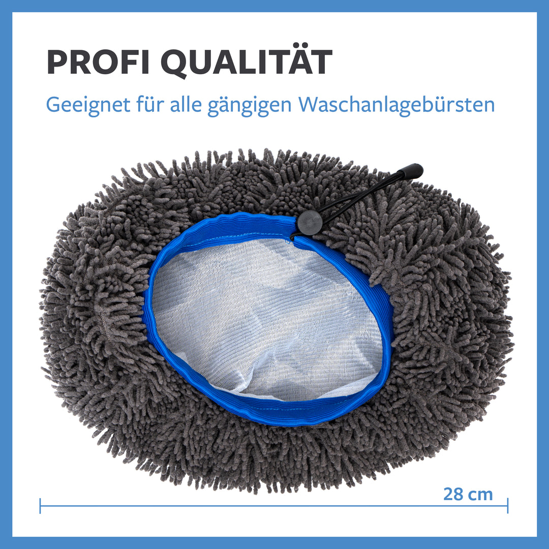 Detailreiche Aufnahme des Mikrofaser-Bürstenüberzugs: Ein Must-Have für Autoliebhaber, der für alle SB-Waschanlagen und Bürstenmodelle universell einsetzbar ist. Mit seiner hochwertigen Verarbeitung garantiert er eine effiziente und zugleich kratzfreie Reinigung, um den Glanz jedes Fahrzeugs zu bewahren.