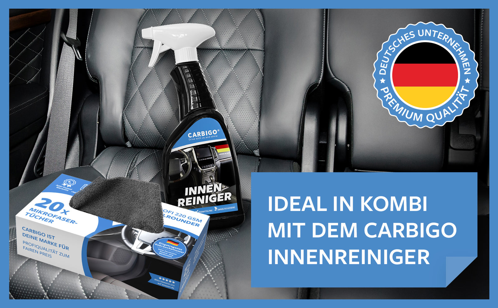 Carbigo® Packung mit 20 Tüchern in Kombination mit Innenreiniger wird Ihrem Auto einen perfekten Glanz verleihen.