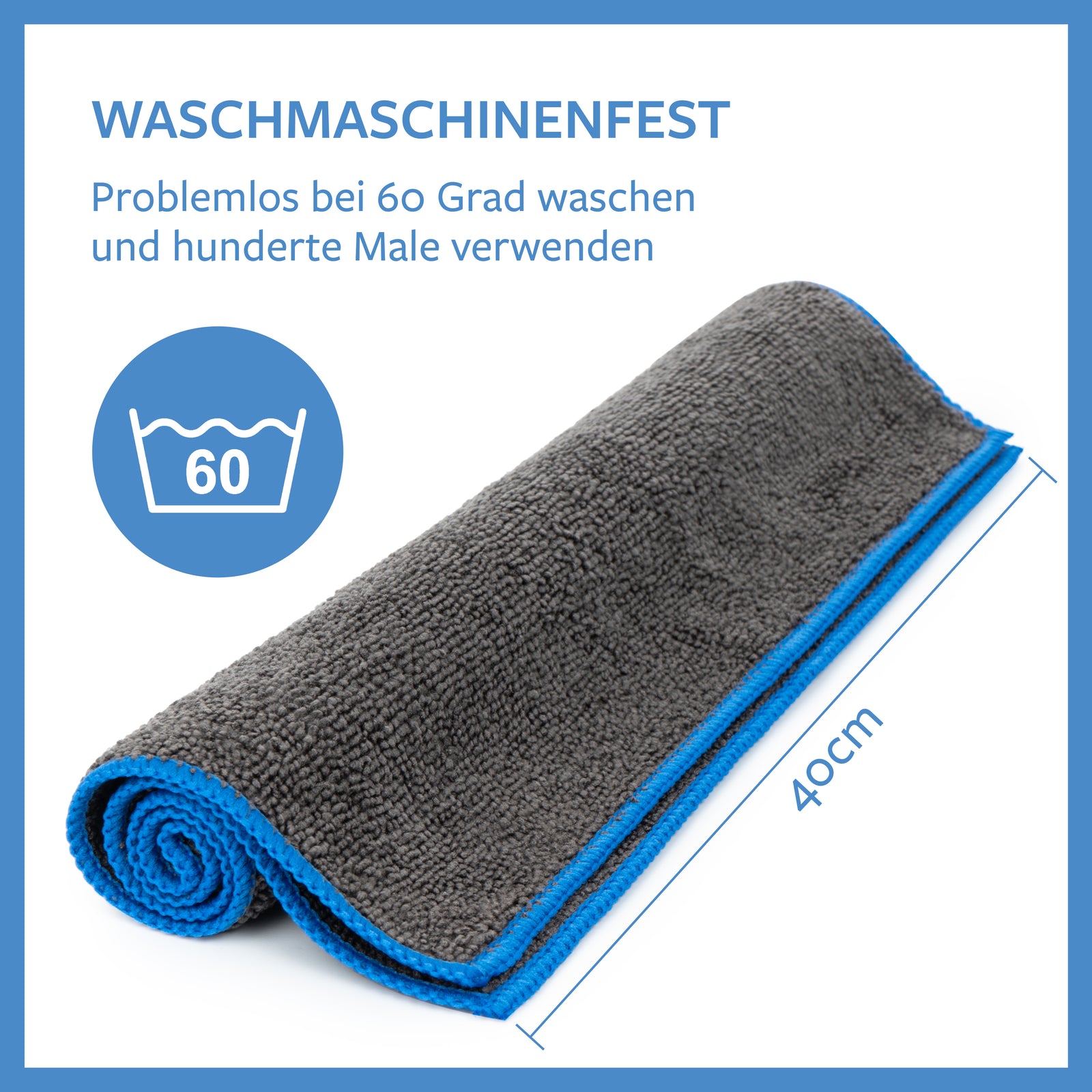 Carbigo® Tücher (Abmessungen 40 cm) können in der Waschmaschine bei 60 Grad Celsius gewaschen werden.