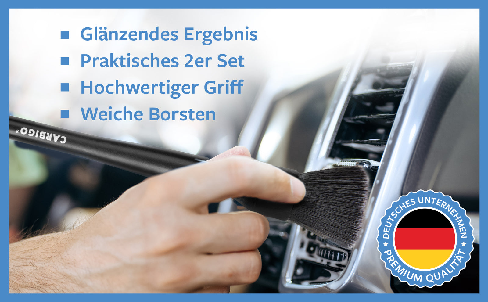 Praktisches Set von zwei Carbigo®-Bürsten mit weichen Borsten, hochwertigem Griff und brillantem Ergebnis.