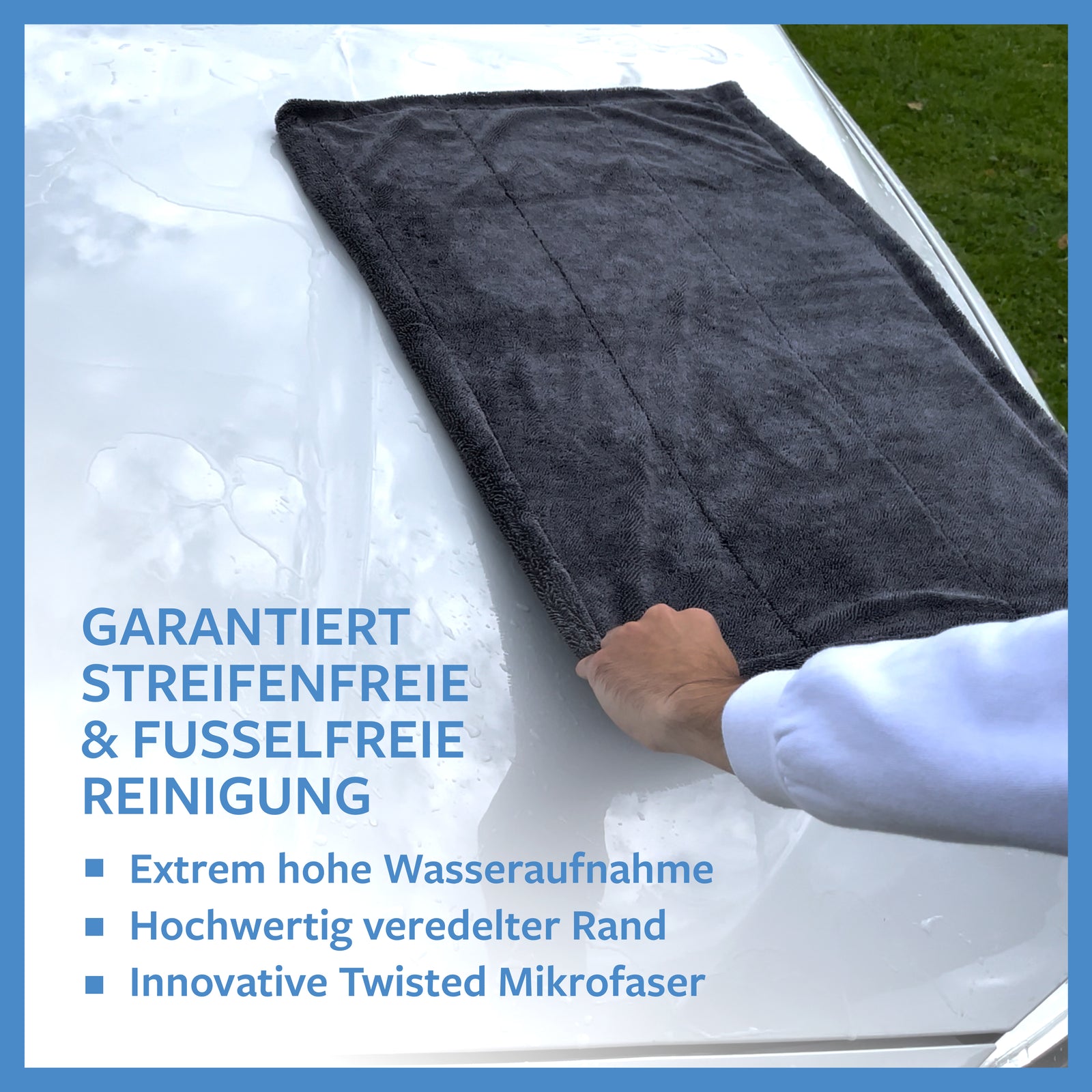 Carbigo® garantiert eine fusselfreie Reinigung und außergewöhnlich hohe Wasserabsorption durch hochwertige Veloursränder und innovative, verflochtene Mikrofasern.