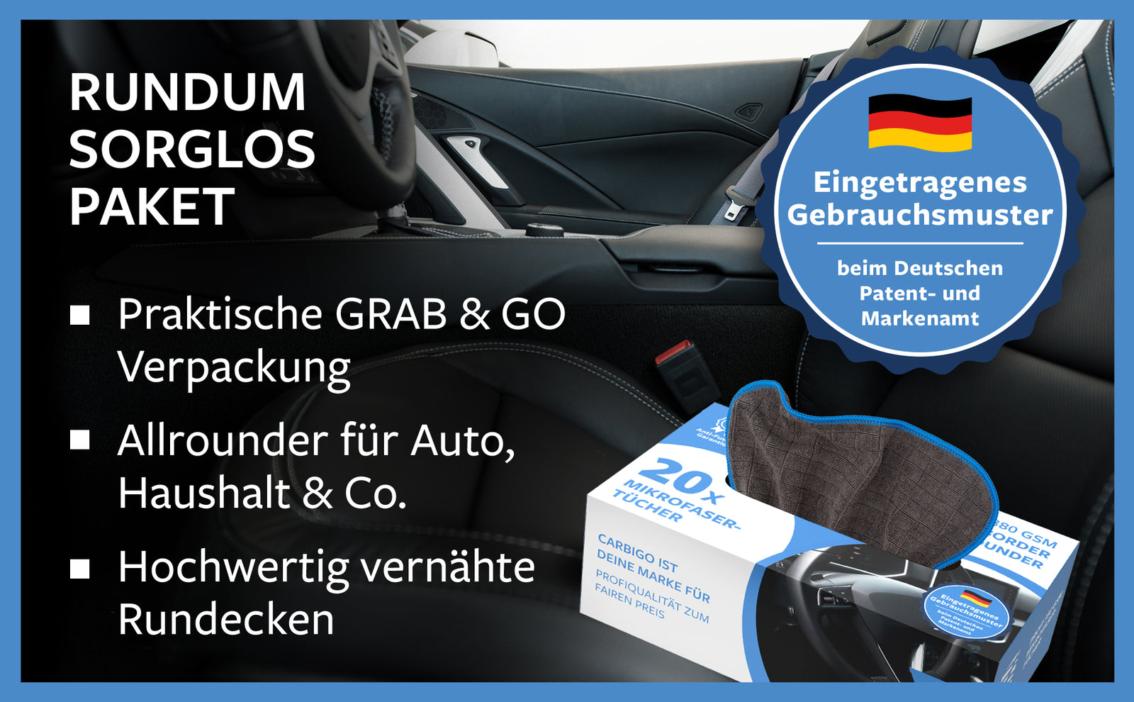 Carbigo® paket mit 20 Tüchern ist ein Allrounder für Auto, Haushalt und mehr.