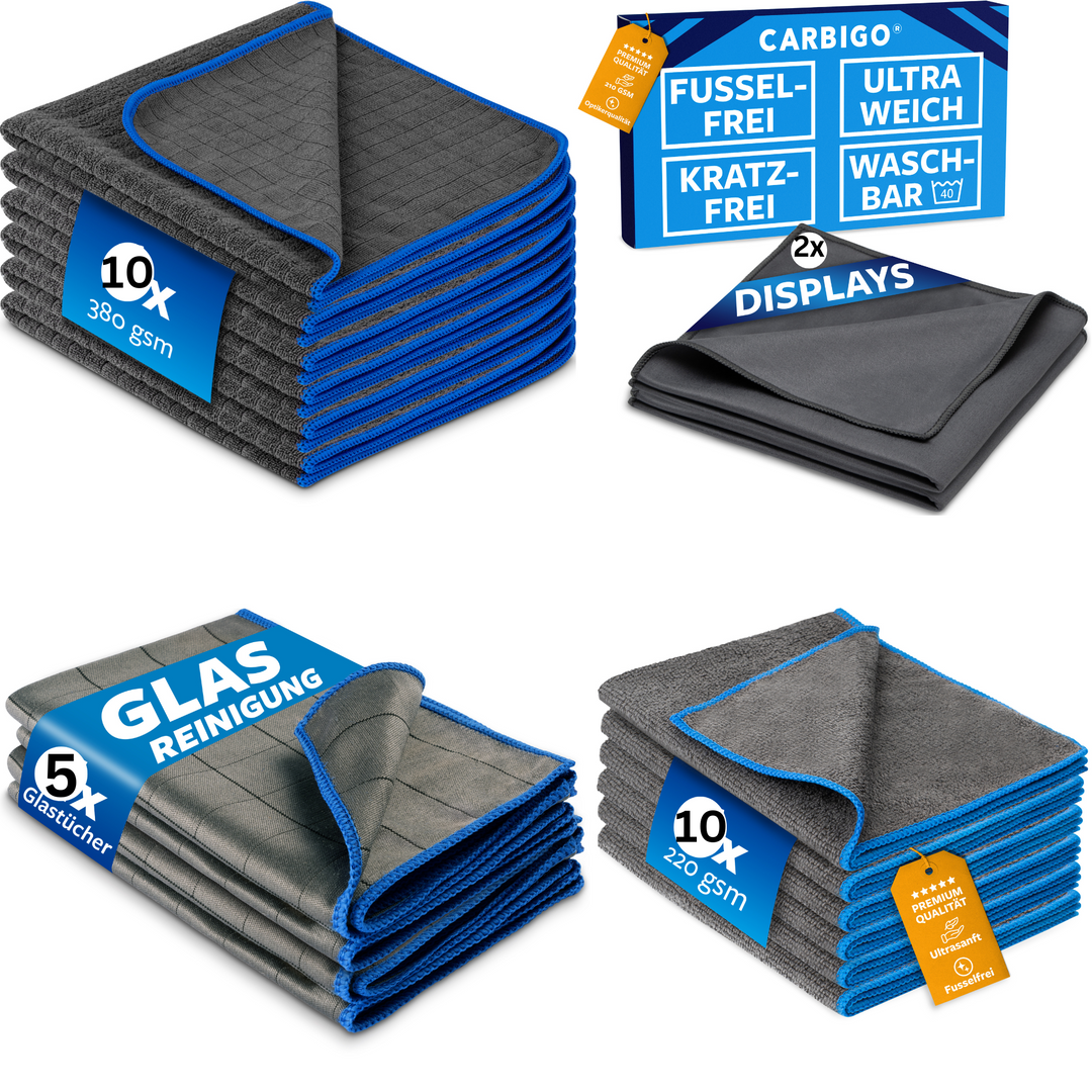 Carbigo Mikrofasertücher Set: 10x 380 GSM Tücher für die Außenreinigung, 10x 220 GSM Tücher für die Innenreinigung, 5x 400 GSM Bambus-Mikrofasertücher für die Glasreinigung und 2x 210 GSM Tücher für die Displayreinigung – alle präzise angeordnet für eine erstklassige Fahrzeugpflege.