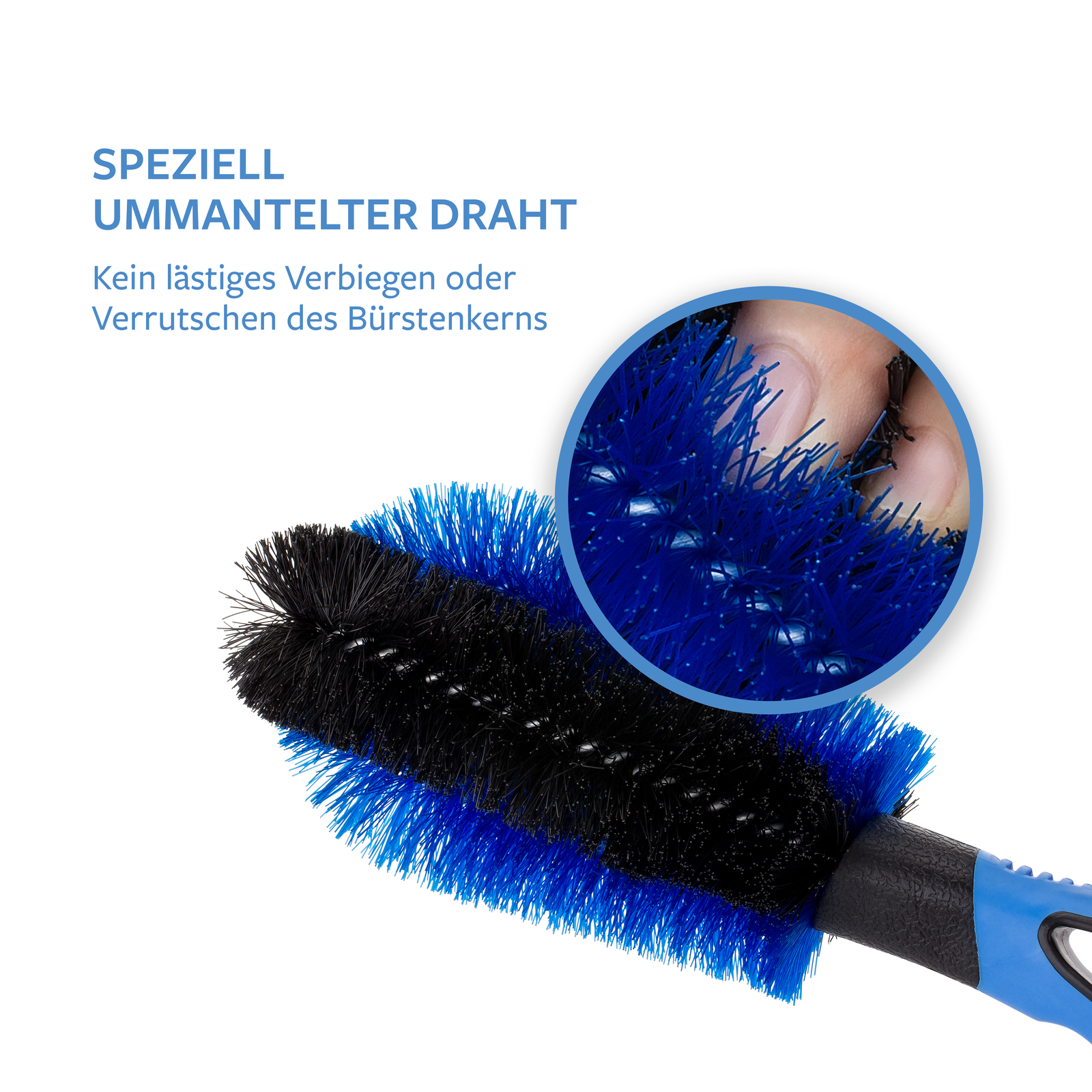 Die Carbigo® Bürste verfügt über speziell beschichtete Drähte. Es gibt kein unangenehmes Biegen oder Verrutschen des Kerns.