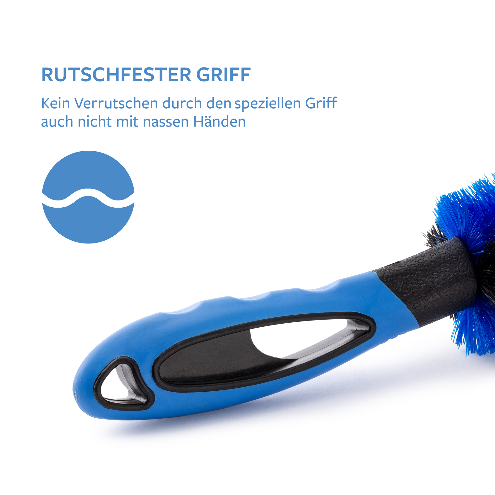 Die Carbigo® Bürste rutscht nicht, der spezielle Griff bietet selbst bei nassen Händen rutschfesten Halt.