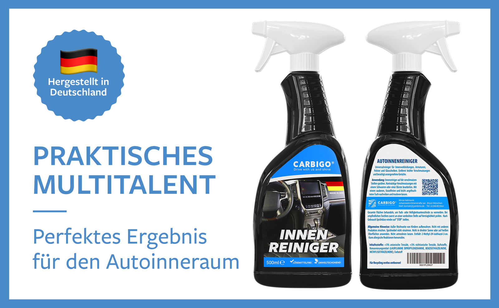 Praktisch und vielseitig einsetzbar, ist Carbigo® perfekt zur Reinigung des Inneren Ihres Autos.