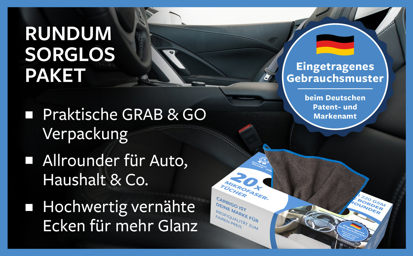 Carbigo® Packung mit 20 Tüchern, mit hochwertig eingenähten Ecken für mehr Glanz, kann sowohl im Auto als auch zu Hause verwendet werden!