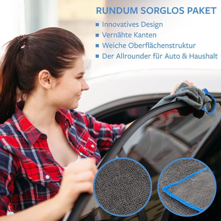 Zufriedene Frau: Reinigt ihr Auto sorgfältig und glänzend mit den hochwertigen Carbigo® Mikrofasertüchern