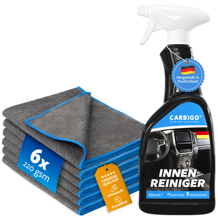 6 hochwertige 220GSM Mikrofasertücher von Carbigo® aus der Box, ideal für eine makellose Reinigung und Pflege des Fahrzeuginnenraums