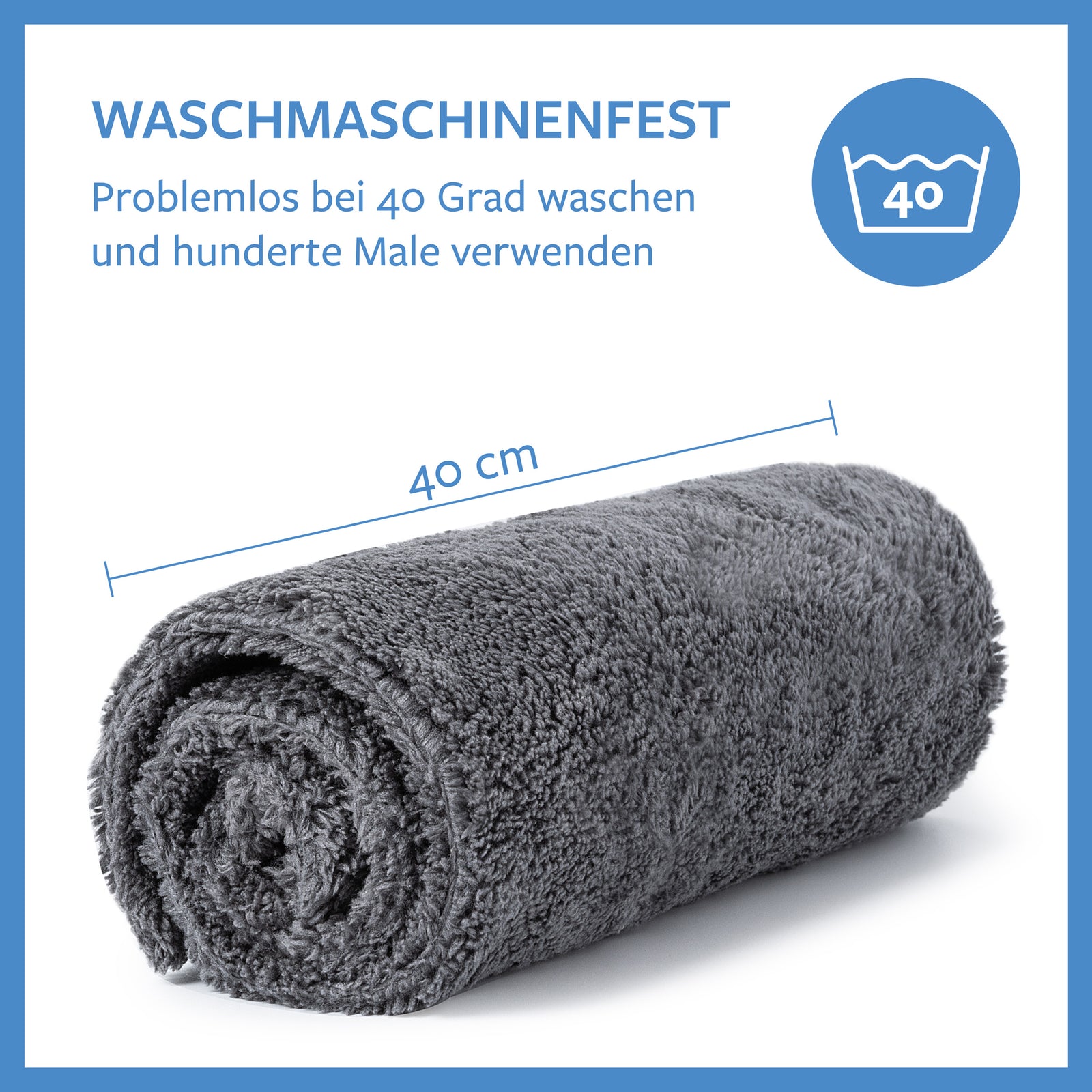Carbigo® Tuch (Abmessungen 40 cm) können Sie unzählige Male in der Maschine bei 40 Grad waschen!