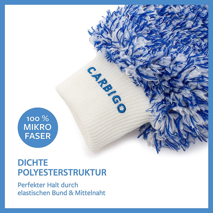 Der Carbigo® Profi Waschhandschuh aus 100 % Mikrofaser mit dichter Polyesterstruktur ermöglicht dank des elastischen Bands und der zentralen Naht einen perfekten Griff.