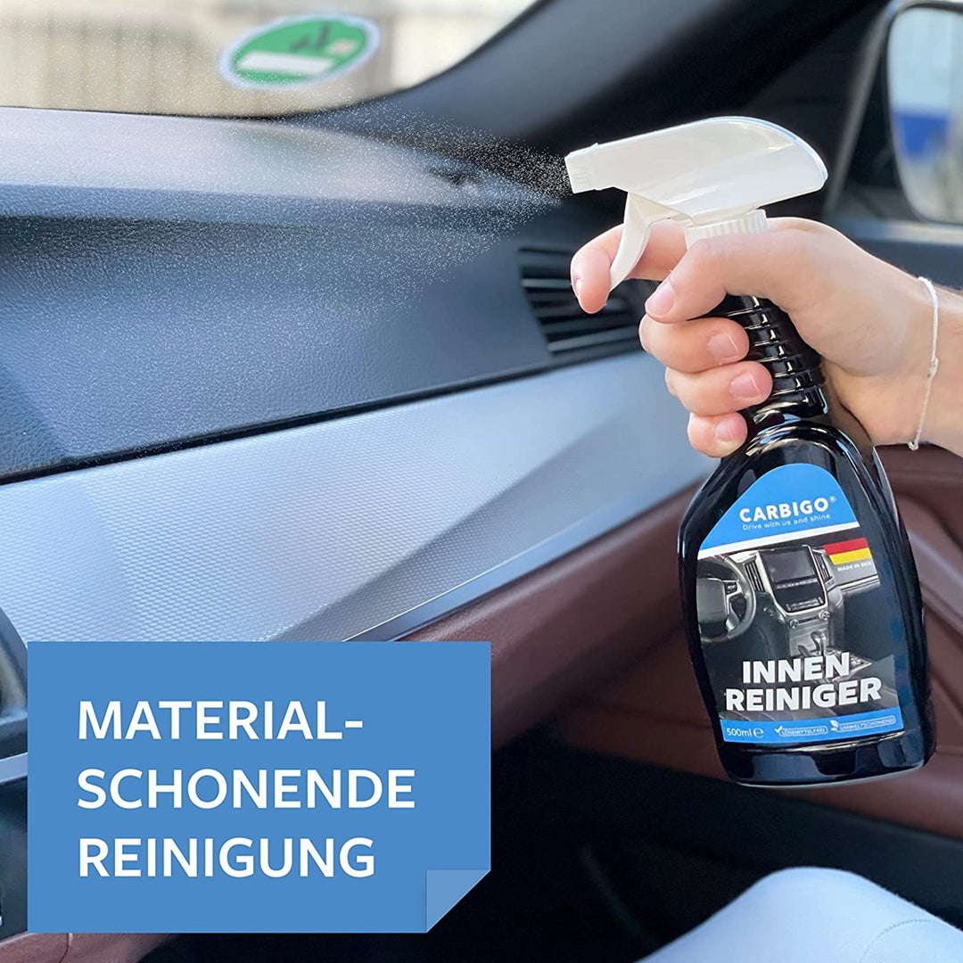Erleben Sie umfassende Sauberkeit mit unserem Innenraumreiniger. Carbigo® Premium Auto Innenraum Reiniger ist für verschiedene Oberflächen wie Polster, Armaturenbretter oder Kunststoff konzipiert. Dieser Autocockpit-Reiniger liefert ein strahlendes Ergebnis.