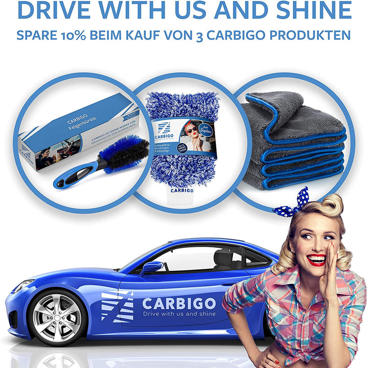 Fahren Sie mit uns und strahlen Sie! Wenn Sie 3 Carbigo® Produkte kaufen, können Sie sich einen 10% Rabatt teilen.